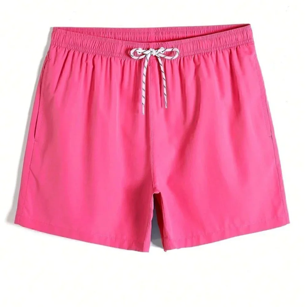 Pink Vacation Style Mens Slant Pockets Drawstring Waist Swim Trunks